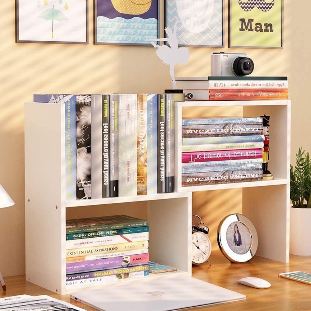 Bibliothèque Extensible en Bois, Organiseur et Étagère de Rangement de Bureau, Fournitures de Bureau, Blanc