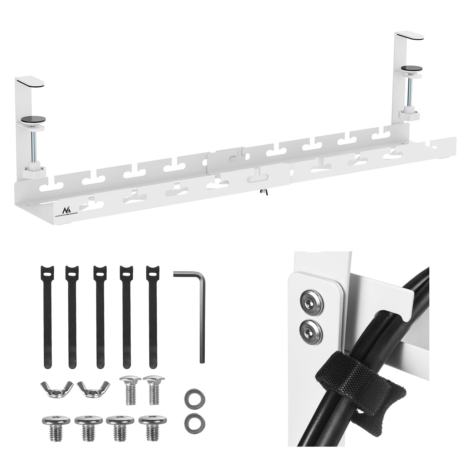 Maclean Adjustable Under-Desk Cable Holder Organizer, White, 1 level/length: 433-728 mm