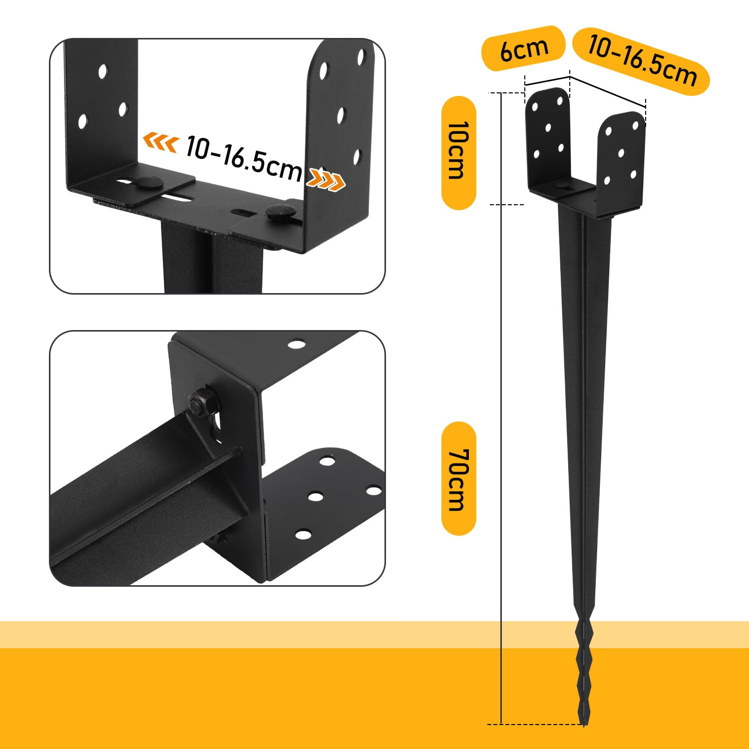 Juego de 12 casquillos de suelo dobles en forma de L de 70 cm con extremo dentado, fácil de empujar, soporte de poste ajustable hasta 165 mm, anclaje para postes de madera y metal, acero