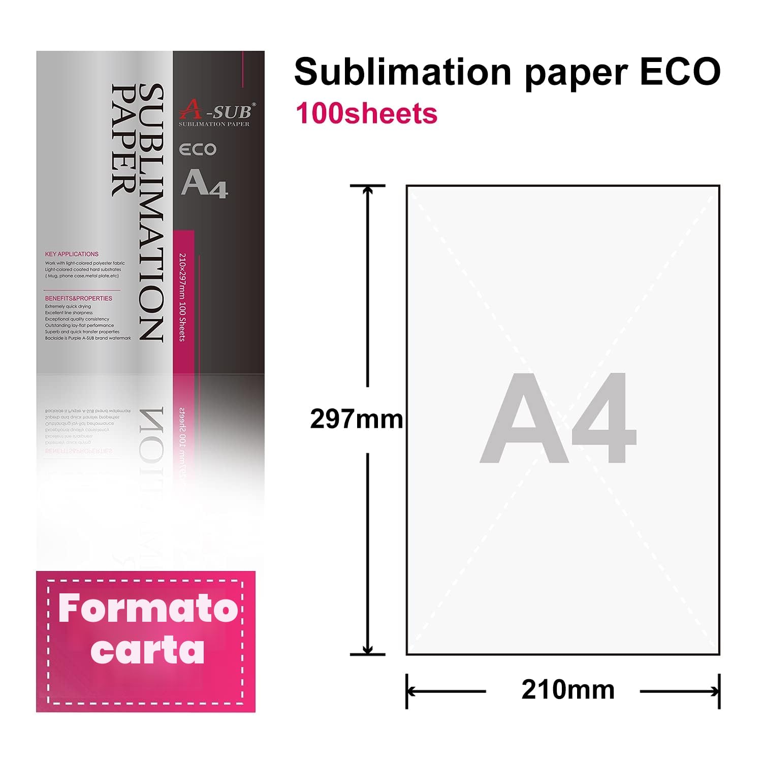 A-SUB Carta per sublimazione A4 210x297 mm 100 fogli Compatibile EPSON SAWGRASS RICOH BROTHER