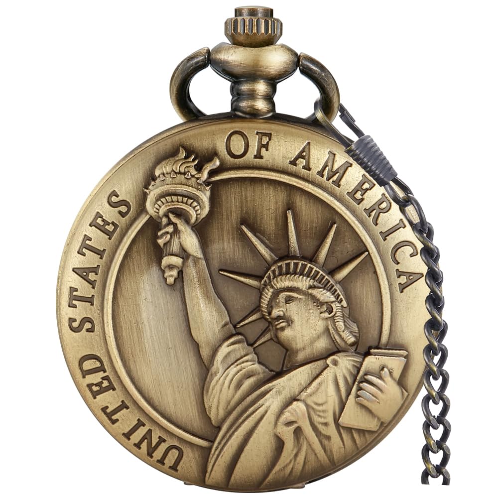 Tiong American Eagle Flag USA US Flag Patriotic 4th of July Quartz Watch with Chain Arabic Numerals Independence Day(Bronze renju)