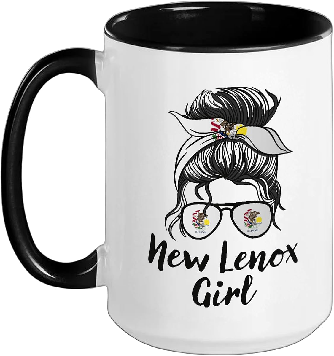 New Lenox Illinois - Taza de cerámica para mujer y niña, color blanco y negro, 15 oz