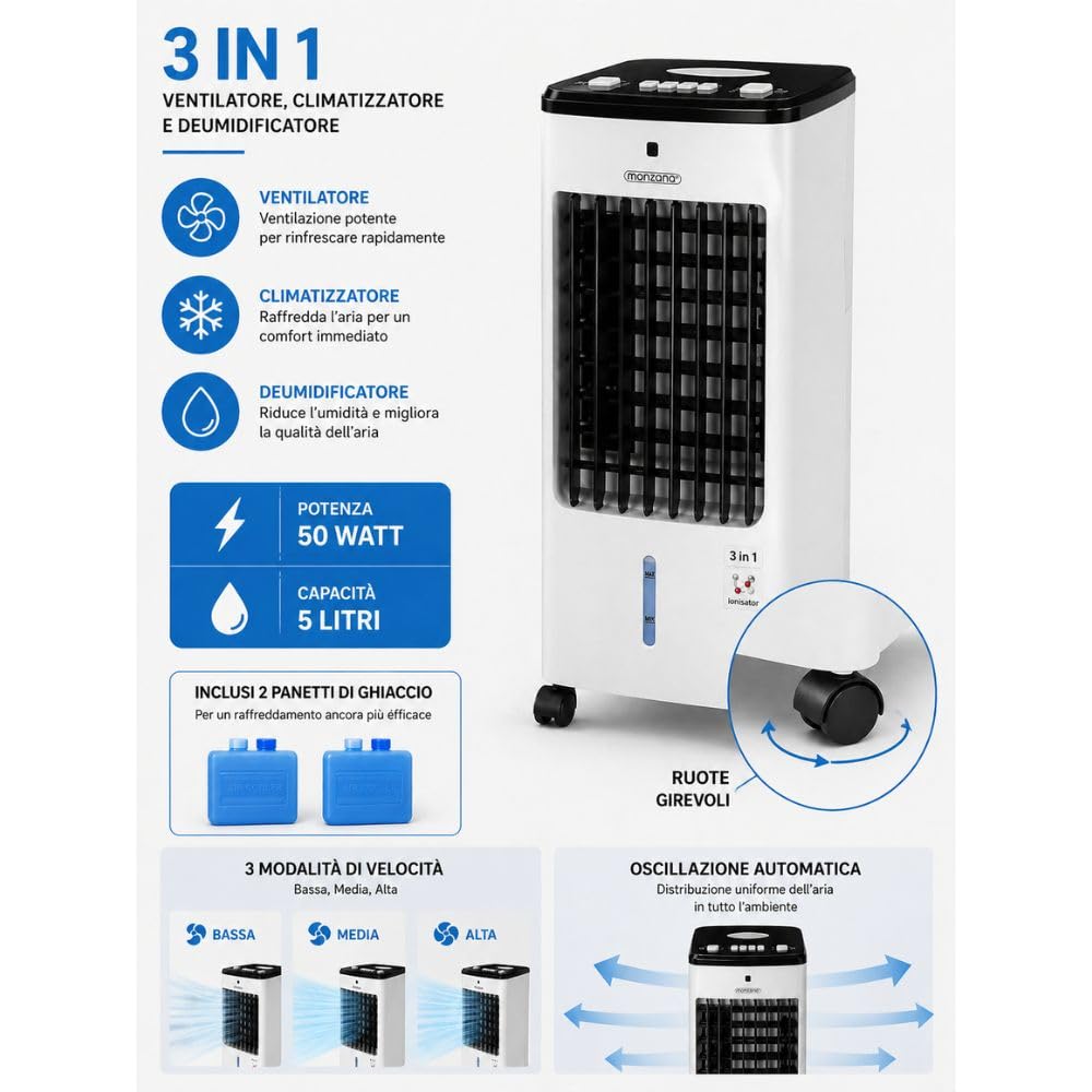 Raffrescatore portatile 3 in 1 Cecaro Group – Ventilatore, Raffrescatore e Deumidificatore con Serbatoio 5L – 3 Velocità, Oscillazione Automatica, 50W