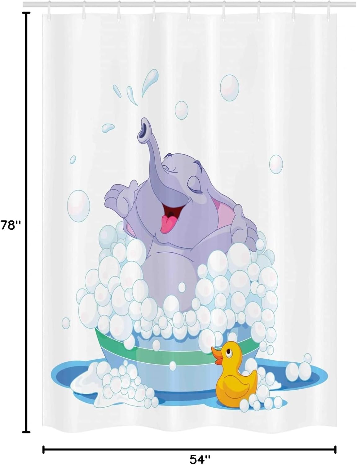 Ambesonne Cartoon Stall Shower Curtain, Elephant Takes Bubble Bath in Basin with Duck Water Games Wild Animals Theme Print, Fabric Bathroom Decor Set with Hooks, 54" W x 78" L, Multicolor