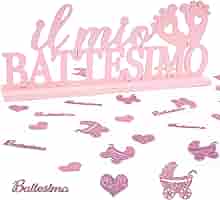 Centrotavola Per Battesimo Bambina Con Palloncini Rosa E Argento - Scrivibile, Doppia Faccia, Decorazione Festa