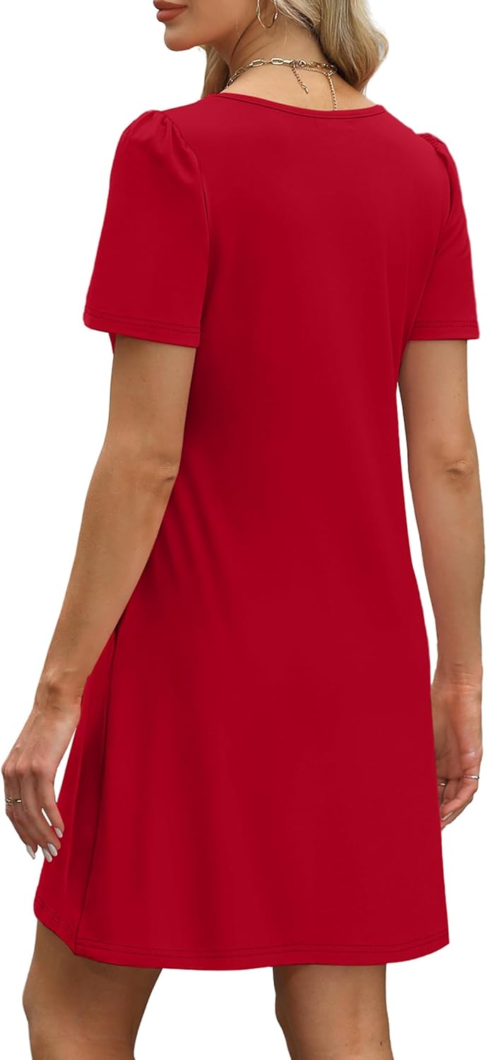 OFEEFAN Womens Pleated Front Dresses Fashion Spring Puff Sleeve Pockets Sundress Casual Summer - Image 5