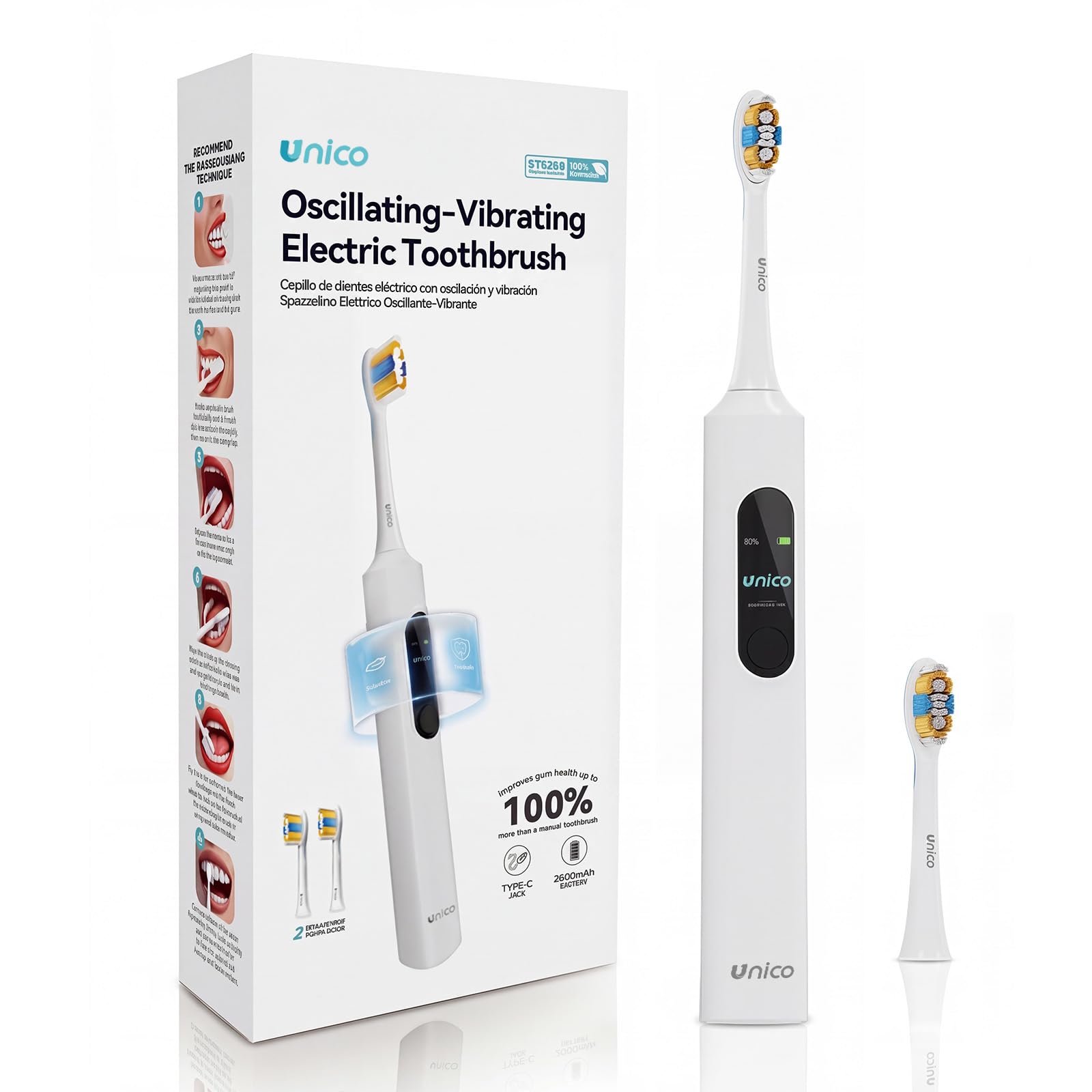 Unico Cepillo de Dientes Eléctrico Sónico para Adultos con Pantalla, 5 Modos, IPX7 Impermeable, Recargable, Negro