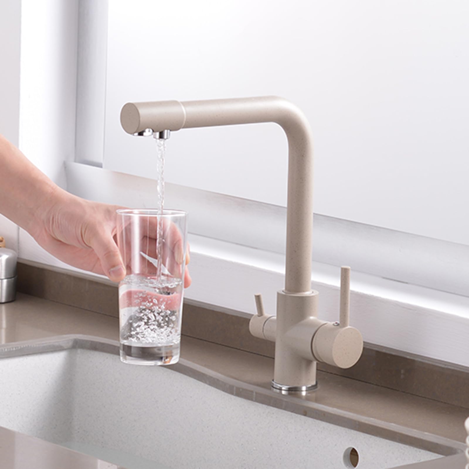 Grifo Cocina Osmosis 3 Vias Avena Giratorio de 360° Grifo de Agua Potable Mezclador Grifo de Cocina con Barra Doble