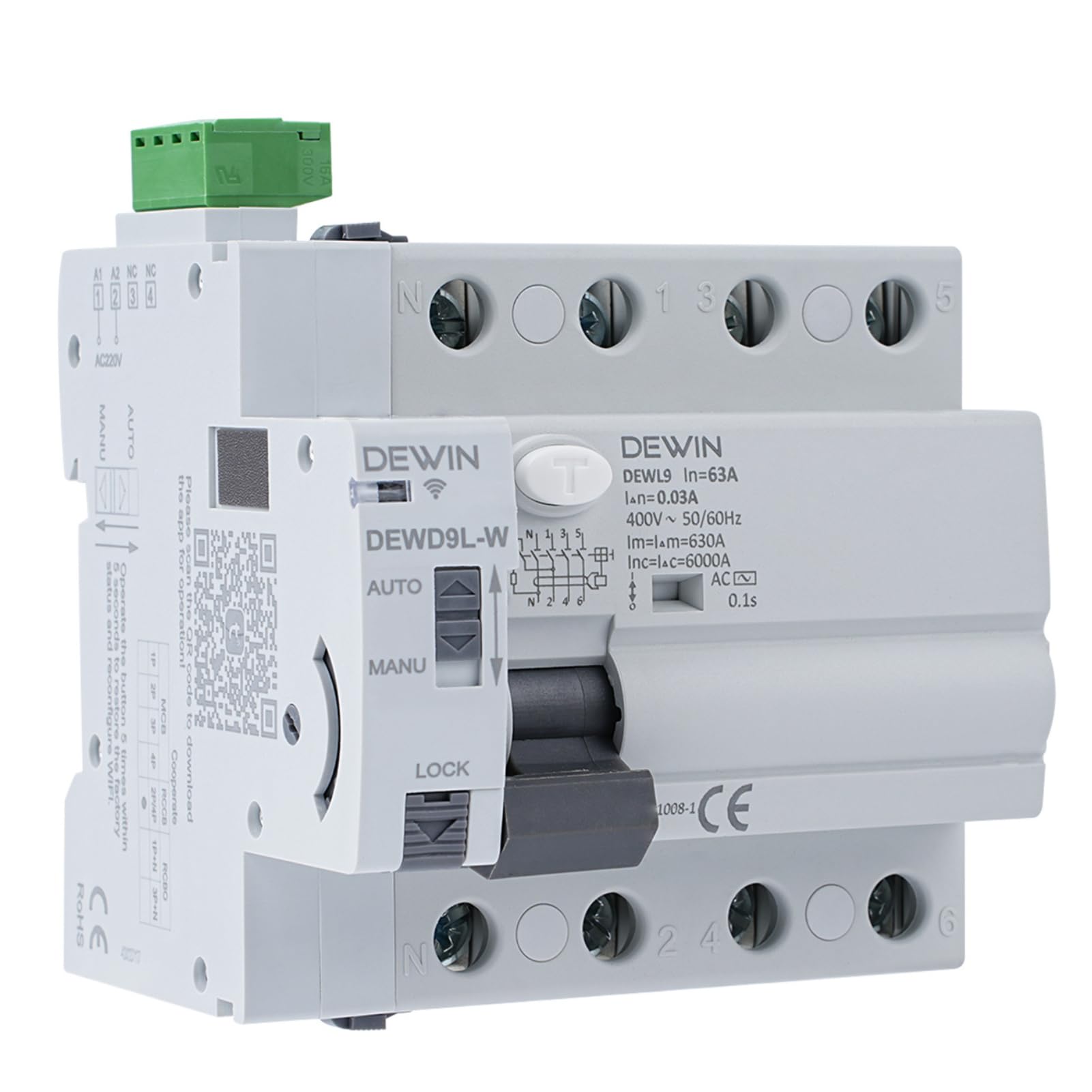 DEWIN Wlan FI Schutzschalter Dreipolig, FI Schalter mit Wiedereinschaltgerät Schließen und Öffnen Können über App im Automatischen Modus Gesteuert Werden 4P 63A 30mA AC 400V