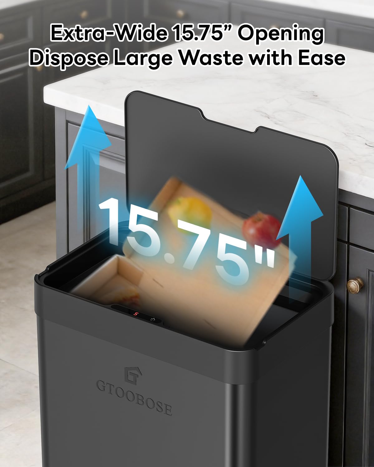 13 Gallon / 50L Touchless Automatic Trash Can, Slim Motion Sensor Kitchen Garbage Can, Stainless Steel, Soft Close Lid, Fingerprint Resistant, Hands-Free, Odor Control, Black