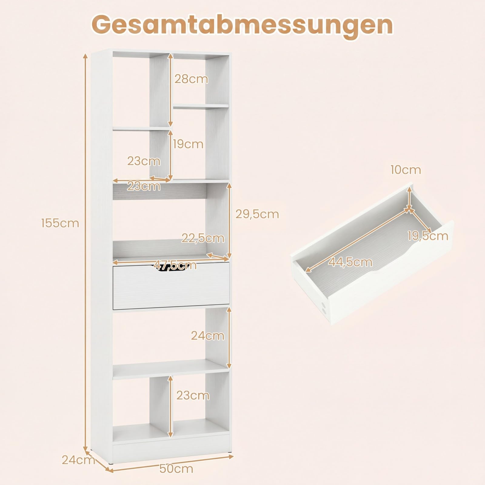 COSTWAY Bücherregal mit 7/8 Fächern & Schublade (50 x 24 x 155 cm,Weiß)