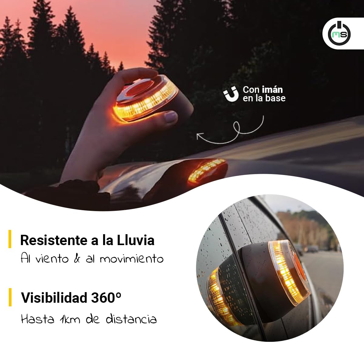 ms móvil shop Baliza V16 Homologada DGT Luz de Emergencia IoT | Señal Conectada Geolocalizada DGT 3.0, Sustituye Triángulos, Base Magnética, Visibilidad 1 km 360°, Autonomía 6h, Incluye Pilas AA