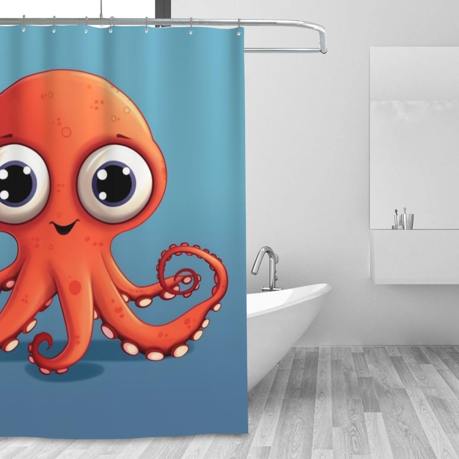 Rideau de douche imperméable en tissu déperlant 183x183 cm avec 12 crochets et motif pieuvre