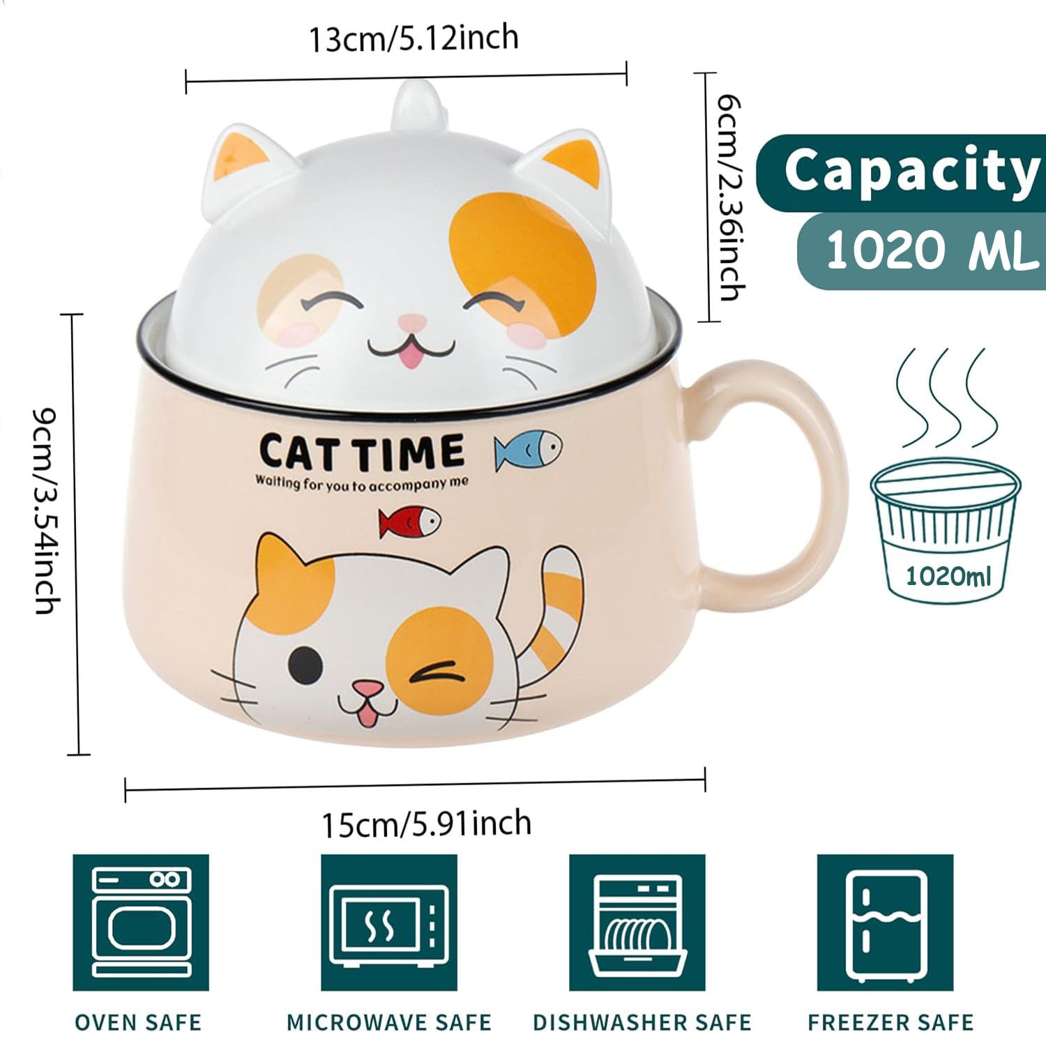 Cute Ramen Bowl with Handle and Lid,Ceramic Instant Noodle Bowl with Spoon & Chopstick,1020ml Large Ceramic Soup Bowls for Soup Udon Pasta Salad Cereal,Microwave & Dishwasher Safe - Image 2