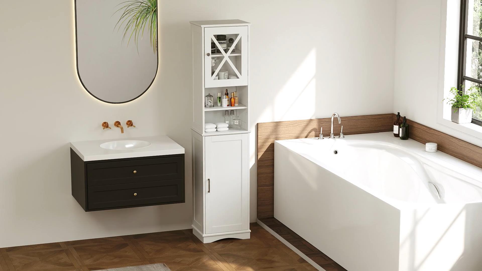 COSTWAY Bad Hochschrank 170cm Mit Wäschekorb - Weißer Badezimmerschrank Mit Regal