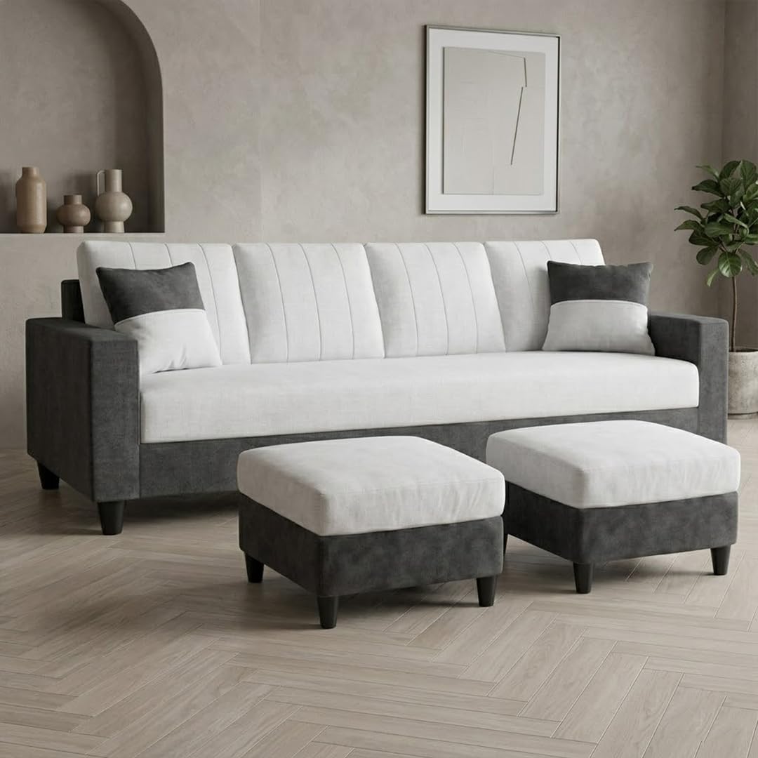 CASASTYLE Claire 4 Seater Velvet Fabric Sofa Set with 2 Ottomans (Dark Gray - Light Gray) | Premium Soft Velvet | Plush Comfort Cushions | Modern Living Room Sofa-image-14