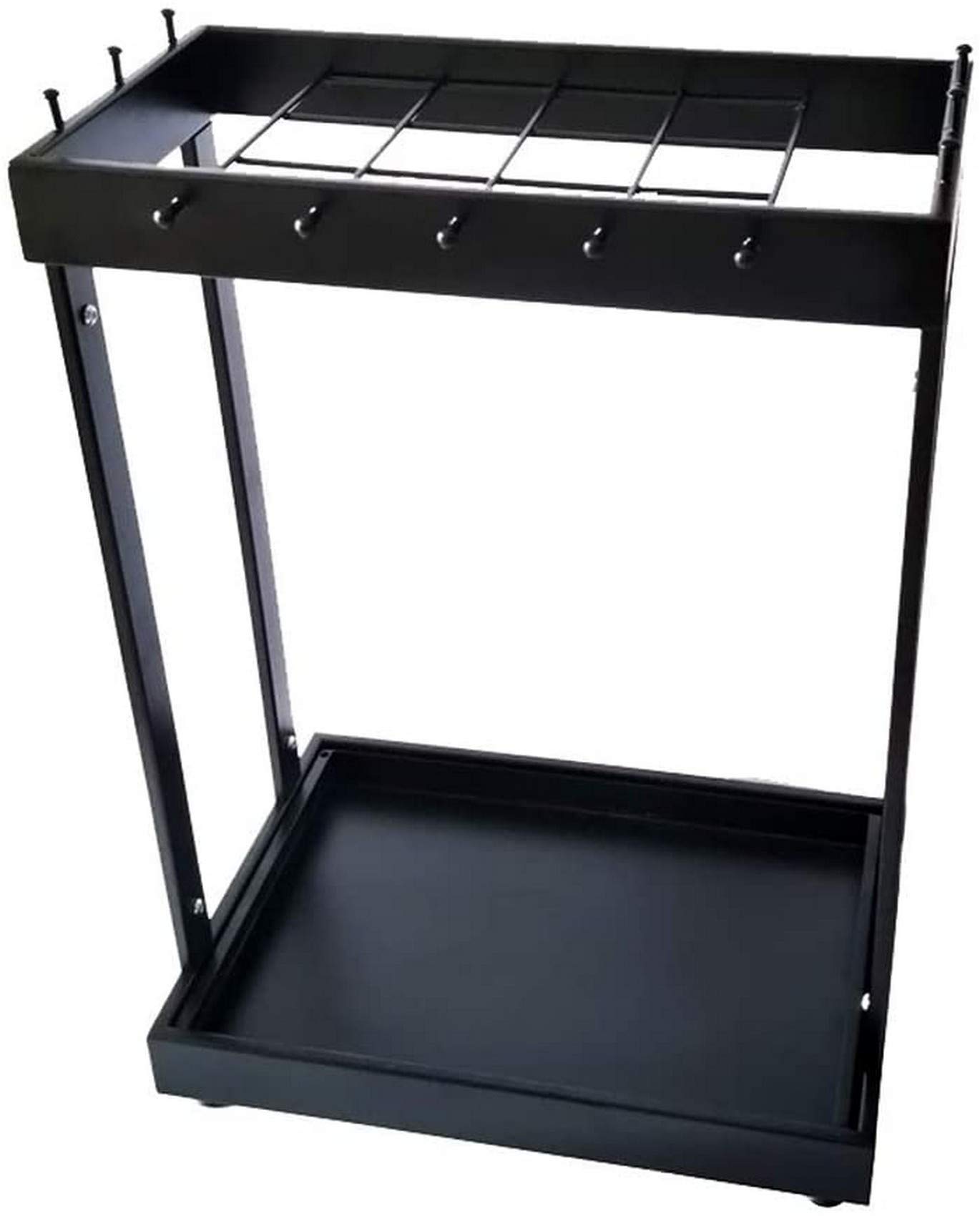 Rangement parapluie métallique noir avec support canne et bac de récupération d'eau