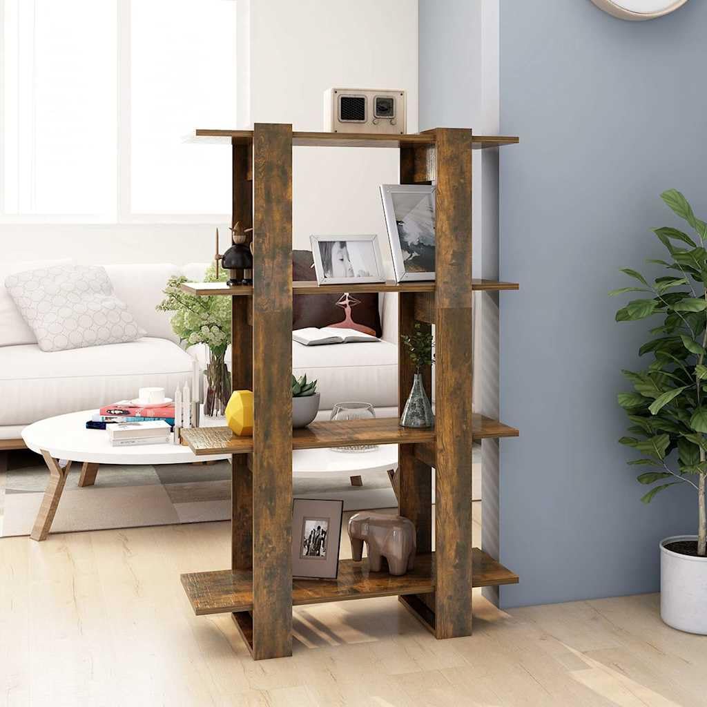 Libreria in legno di rovere affumicato, 80 x 30 x 123,5 cm, divisorio aperto con spazio per ufficio, soggiorno, studio, salvaspazio e versatile