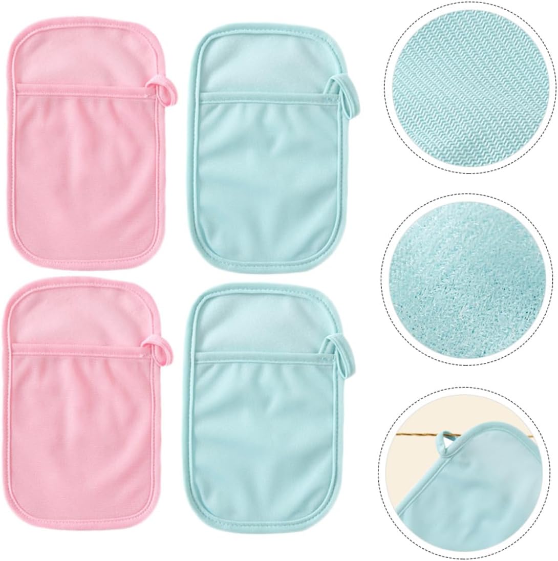 LABRIMP 4Pcs Bath Mitt with Thumb Ring Soft Cotton and Polyester Gentle Scrub for Newborns and Adults Dual-Sided Bathing Gloves for Sensitive Skin Random Color