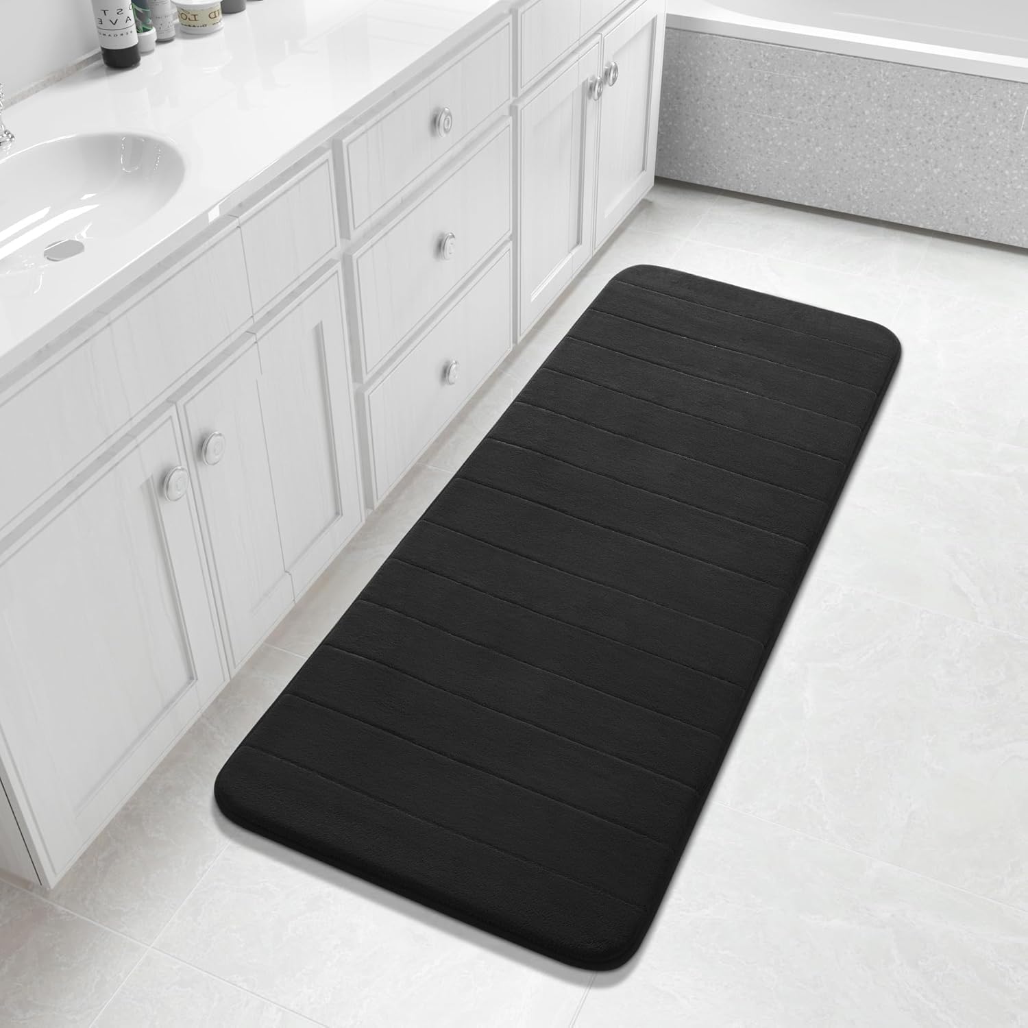 Yimobra Memory Foam Bath Mat 140 x 61 cm, Non Slip Bathroom Mat, Soft Absorbent Quick Dry Bath Rug, Machine Washable for Shower, Sink and Bathroom, Black