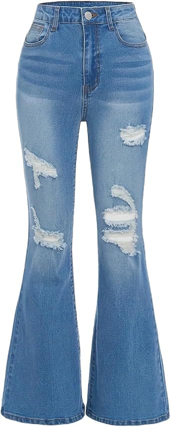 Girls Ripped Flared Jeans Skinny School High Waist Bell Bottoms Kids Slim Trendy Casual Retro Denim Pants