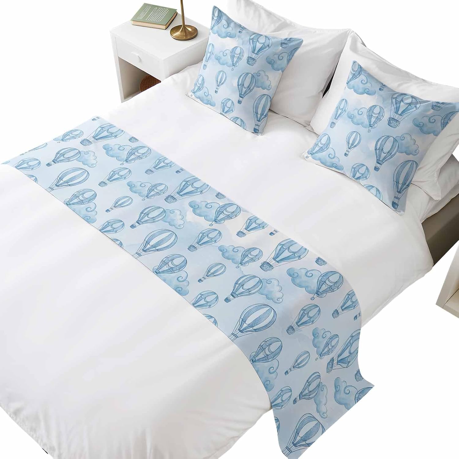 Bed Runner for Queen Size Bed, Blue Ombre Hot Air Balloon 3 Pcs Bedding Runner Set - 1 Decorative Scarf(83"x20") and 2 Pillowcases(18"x18"), Modern Balloon Float Clouds Hotel Bedding Scarf for Home