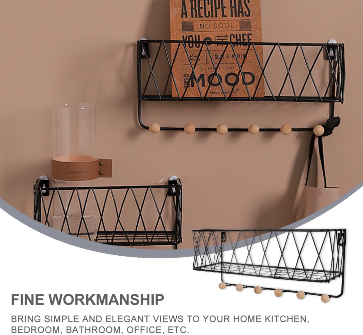 Black Iron Wall Storage Shelf with Hanging Hooks for Bedroom and Office Simple and Stylish Wall Mounted Rack to Store Sundries and Glasses for Home Organization