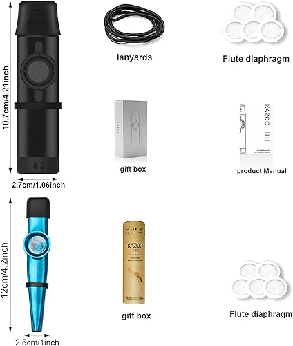 Miniatura 6 de Kazoo - Instrumento musical de metal profesional con 5 membranas adicionales, tono ajustable para guitarra, ukelele, piano y canto, latón duradero,