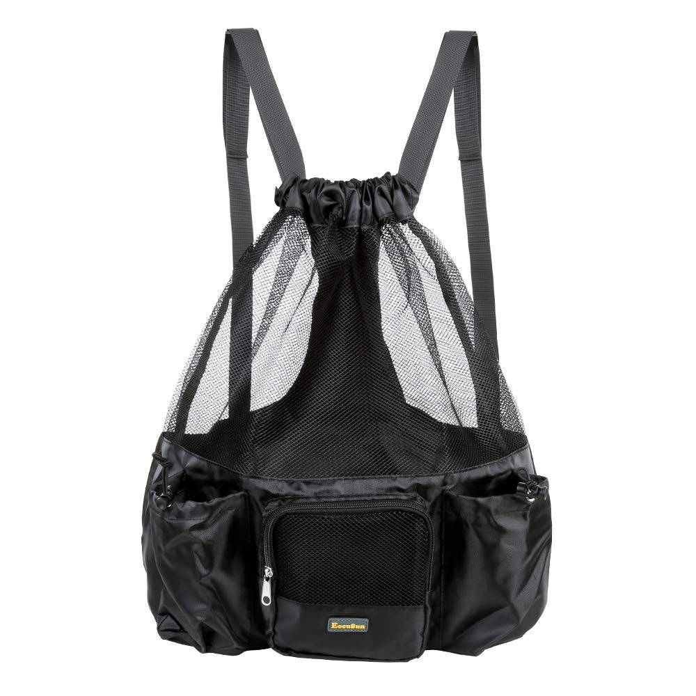 EocuSun Grand sac de plage en maille filet avec cordon de serrage pour homme, femme, garçon, fille et enfant (noir