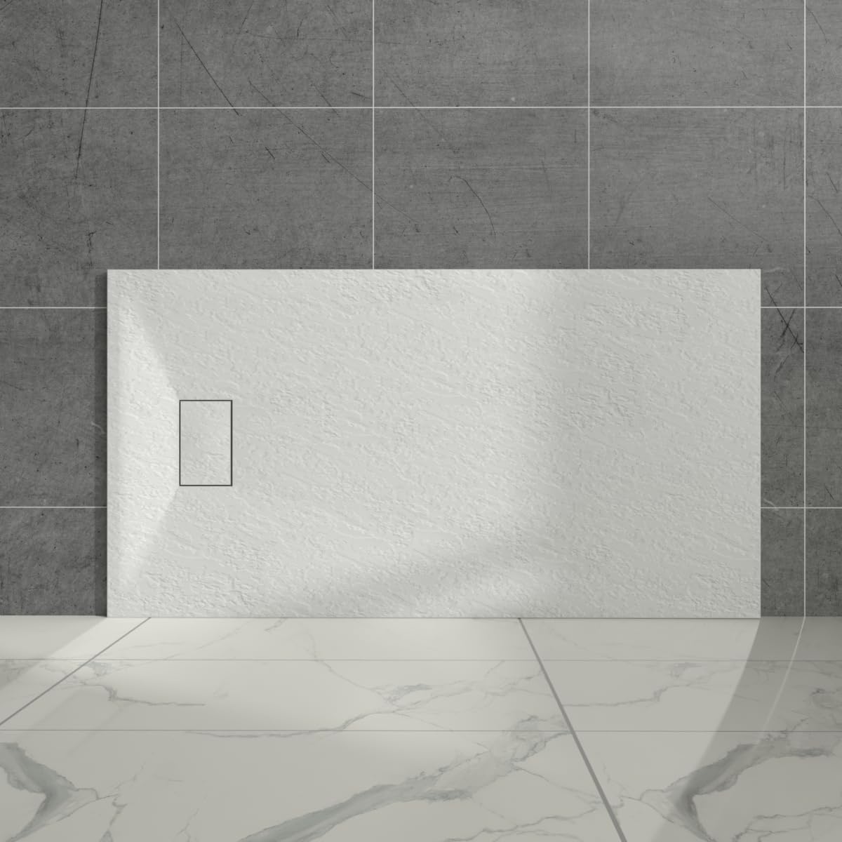 Aquariss White Rectangular Shower Tray Slate Effect Smc Slip-Resistant Shower Base For Bathroom Enclosures 1400X800mm With Waste