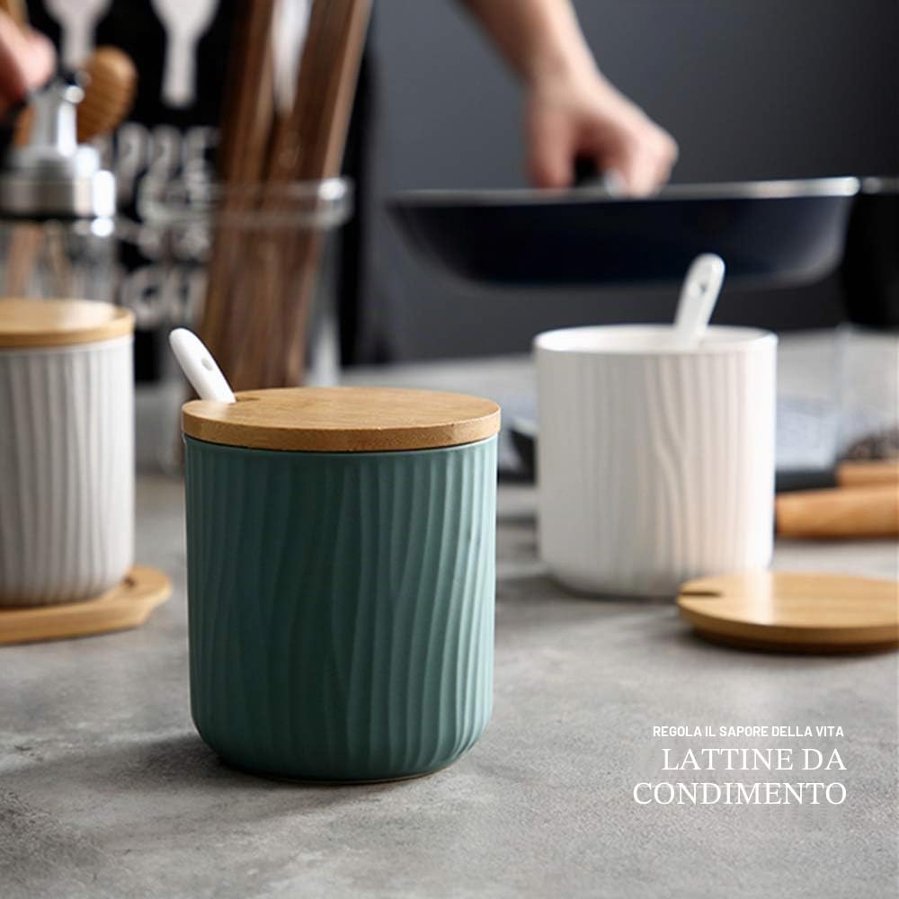 Set di 3 Tre Colori Zuccheriera, Zuccheriera in Ceramica Rotonda con Coperchio e Cucchiaio, Design Elegante, per Casa e Cucina