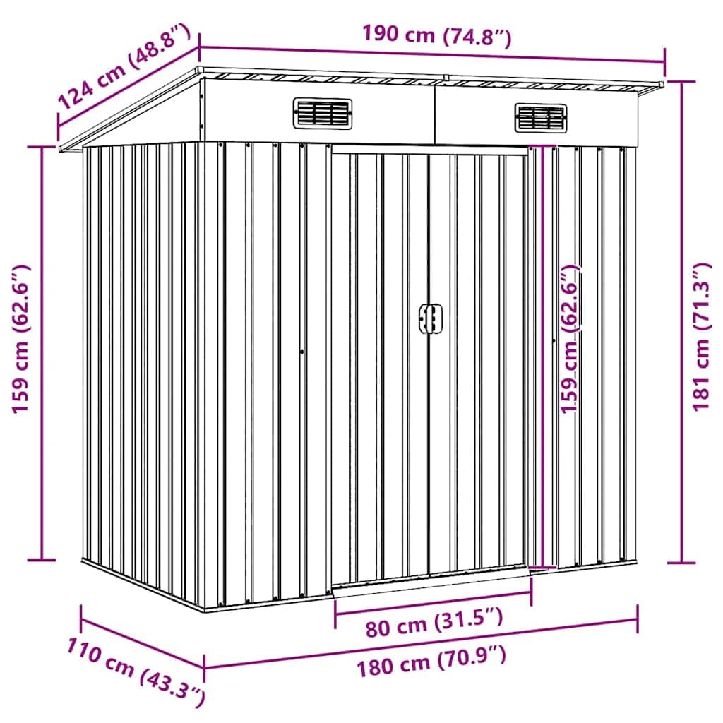 vidaXL Capanno per Attrezzi da Giardino Ventilato Ingresso a Scorrimento Robusto Casetta da Esterno Magazzino Marrone 194x121x181 cm in Acciaio