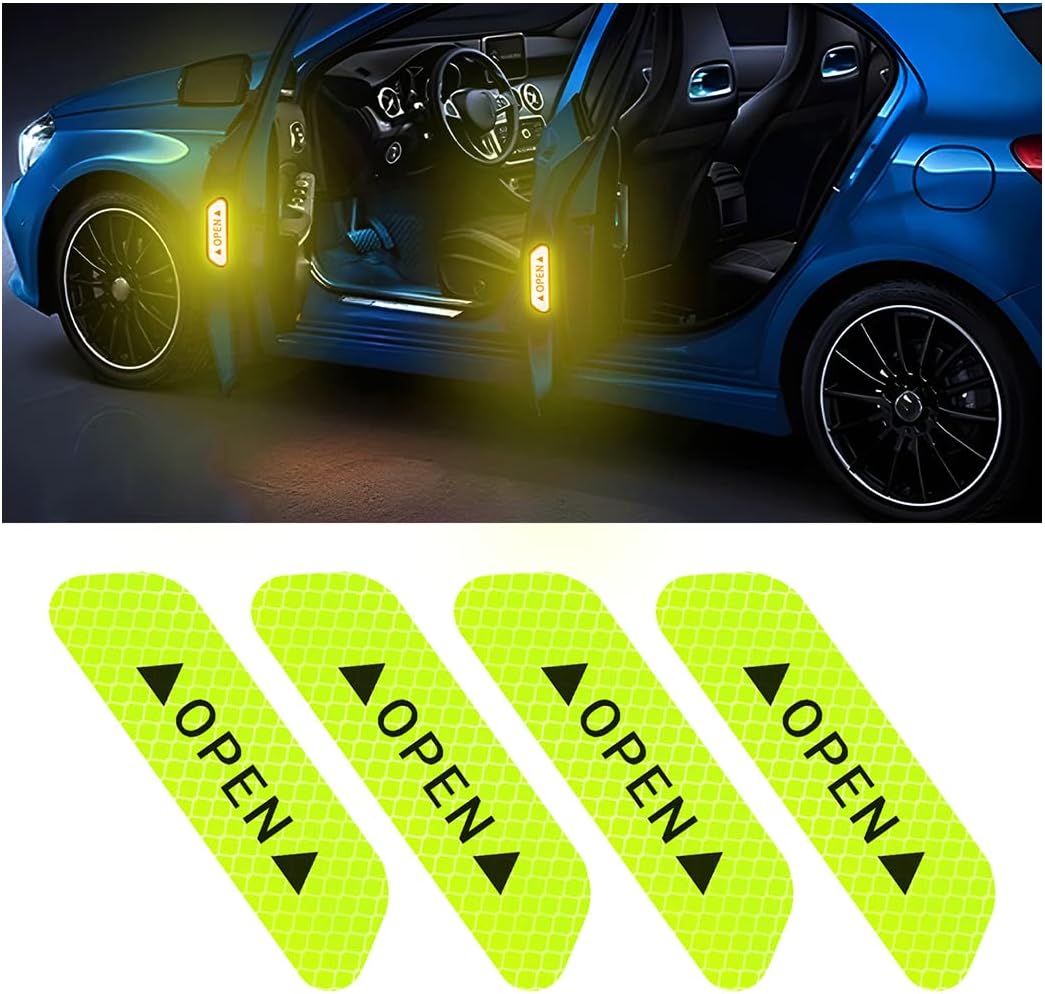 4PCS Reflective Open Warning Stickers for Car Door, Night Visibility Auto Safety Prompt Decals, 3.6 Inch Anti-Collision Protective Strip Tape, Car Accessories Universal for Truck, SUV, Van (Green)