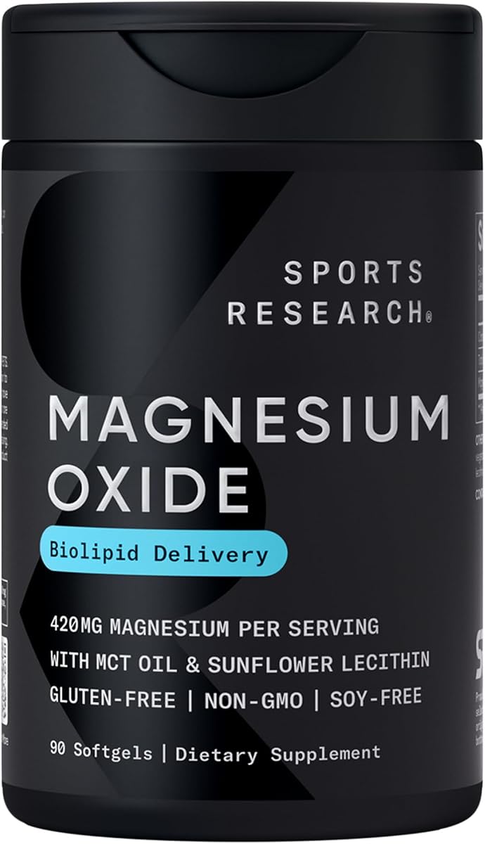 Sports Research® Óxido de magnesio 420 mg con aceite de coco MCT, 90 cápsulas blandas | Suplemento de magnesio biolípido para apoyo muscular, nervioso y óseo* - Sin gluten, sin OGM - 90 cápsulas blandas