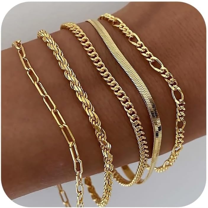 THE WHITE SHOP5 PCS Gold Bracelets, 18K Real Gold Jewelry Sets Trendy Thin Dainty Stackable Cuban Link Paperclip Chain Bracelet Pack Fashion Accessories Gifts for Womens