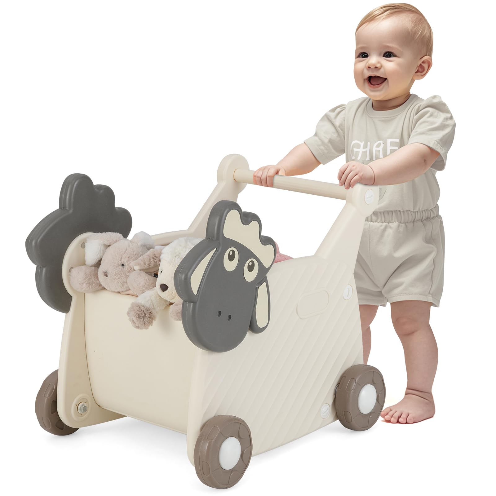COSTWAY Andador para Bebés en Forma de Oveja, Carrito de Almacenamiento de 18L para Niños, Andador Infantil de 4 Ruedas para Desarrollo de Habilidades Motoras,Carrito de Empuje para Niños de 3+ Años