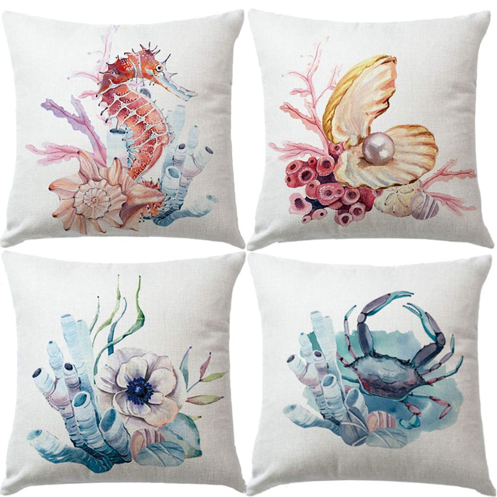 7COLORROOM Set Of 4 Sea Style&Coastal Cushion Cover Watercolor Sea Horse& Crab &Shells&Flower Pillowcases Ocean Theme Cotton Linen Home Decorative Pillow Covers 18”×18” (Watercolor Sea)