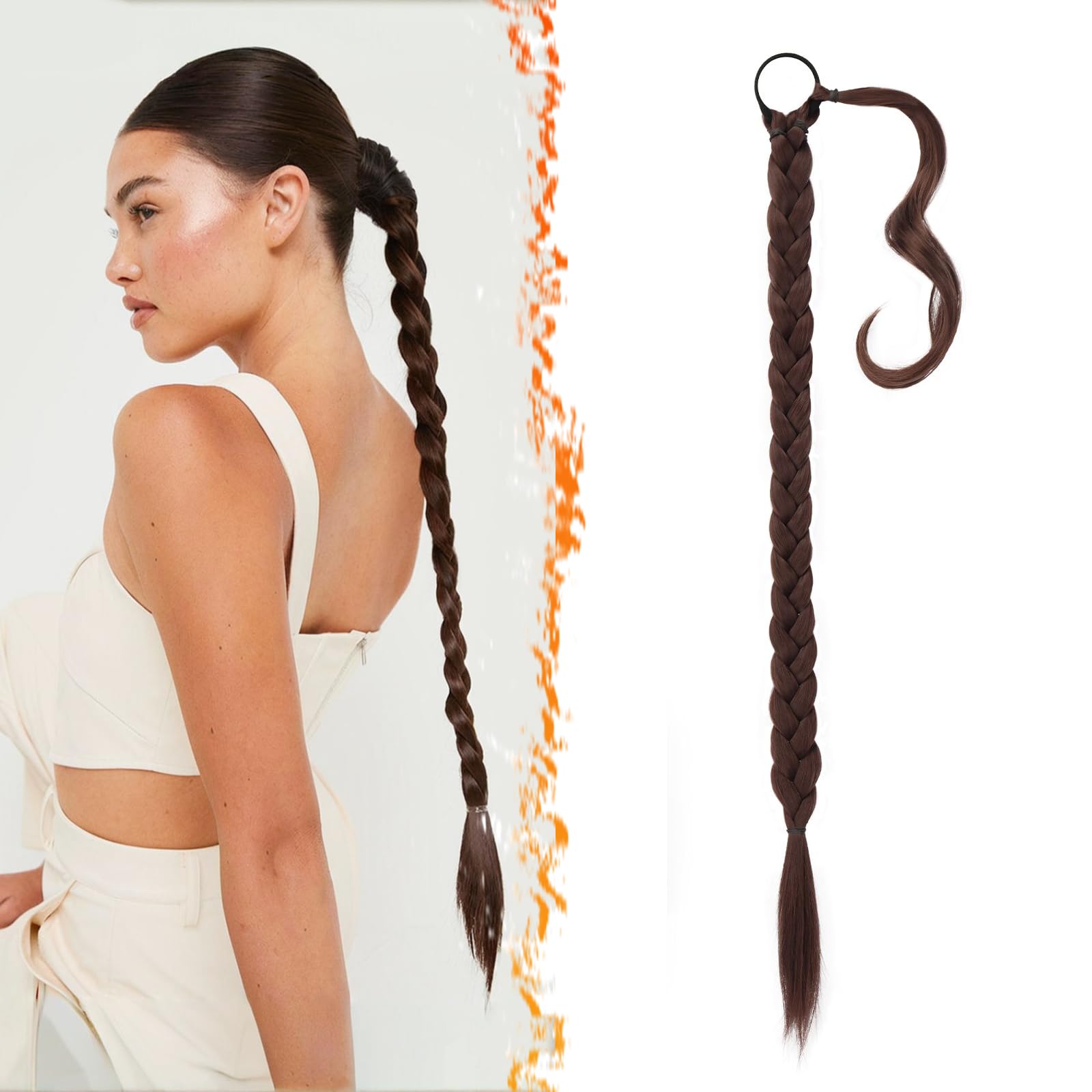 BARSDAR 66cm Langes geflochtenes Pferdeschwanz-Verlängerungsgummiband, gerade umwickelter Zopf, Haarverlängerungen, Pferdeschwanz, DIY, natürliches, weiches, synthetisches Haarteil für Frauen
