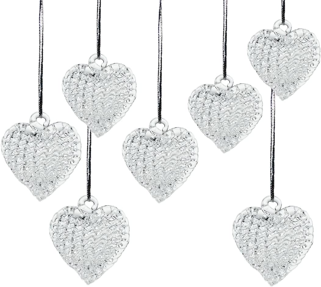 MEETOZ Mini Heart Shaped Glass Ornaments, Set of 24 Glass Hanging Heart- shaped, for Christmas Tree Decorations, Valentine's Day gifts, Glass Art, Equipped with silver Lanyard