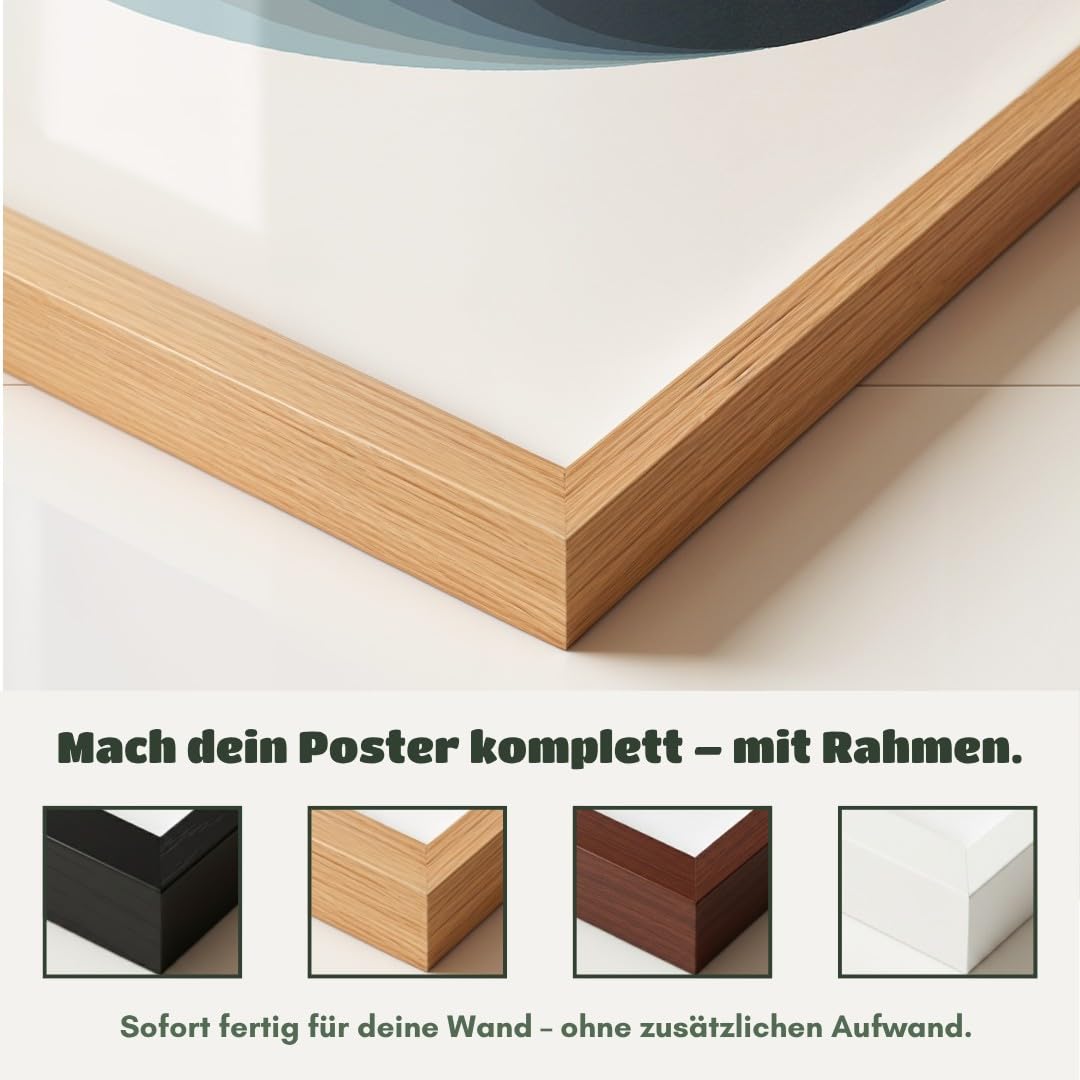 MJ-GRAPHICS® Poster Bauhaus Kunstdruck abstrakt Wandbild Weimar Farben Deko minimalistisch Wohnzimmer Kunstskulptur Retro geometrisch Blau Grau Flur Design A2 mit braunem Rahmen