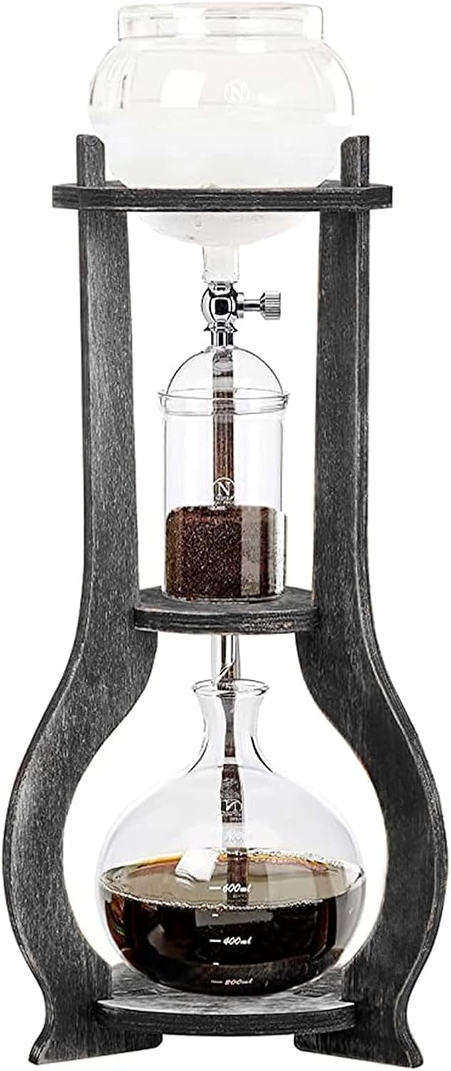 Iced Coffee Cold Brew Drip Tower, 600ML Wooden Cold Brew Coffee Maker for Home Office Use, Iced Tea Maker 6-8 Cups, Brewing 3 to 5 Hours, Grey