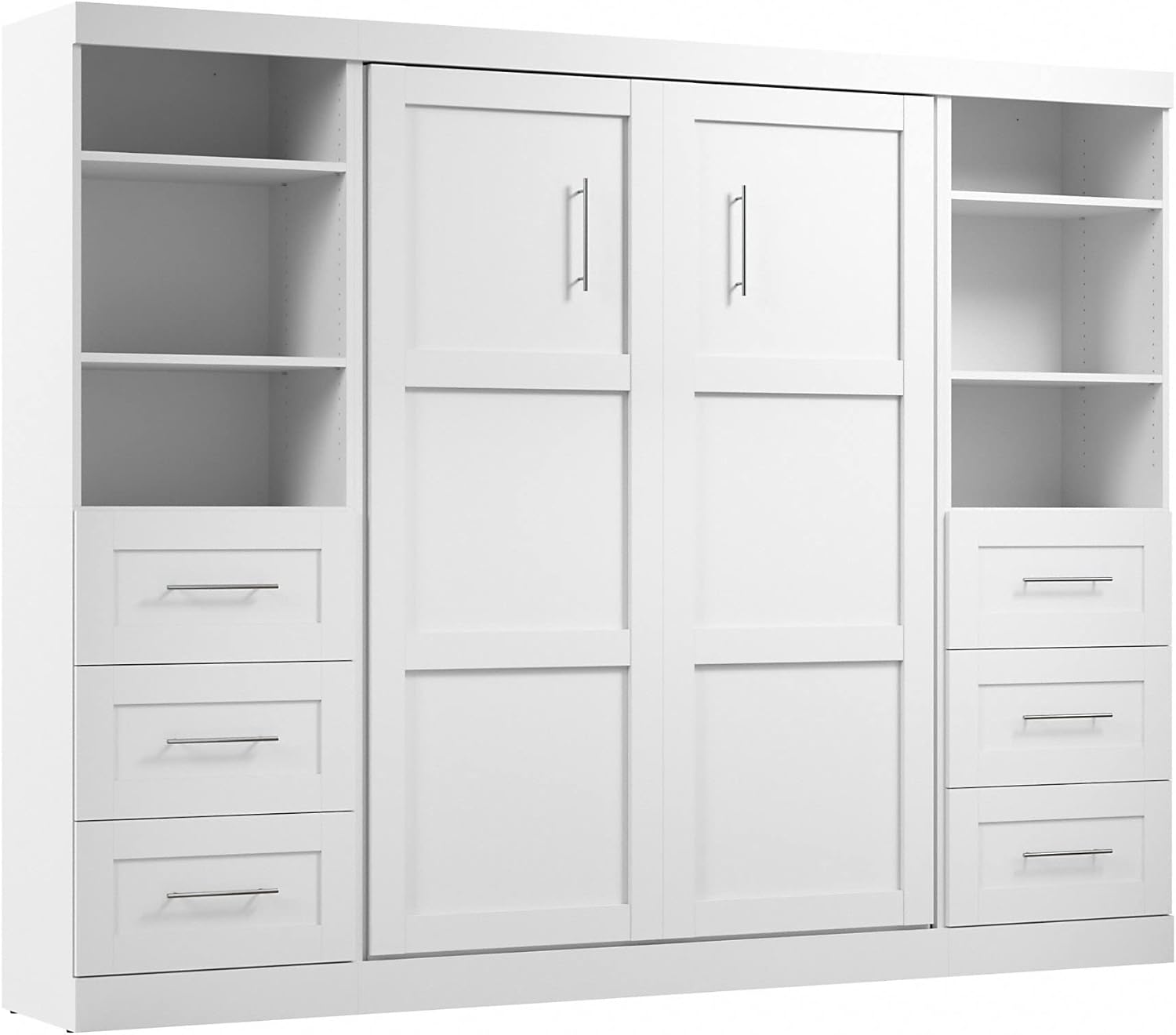 Bestar Pur Full Murphy Bed and 2 Shelving Units with Drawers, 109-inch Space-Saving Sleeping Arrangement in White