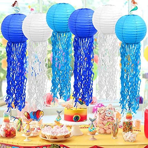 LURICO 6PCS Lampion en papier de méduses, Lanterne Tricolore(blanche,bleu,Bleu clair), lanterne chinoise, pour la décoration de la maison, les fêtes, et les mariages