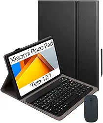Kit Capa +Teclado ABNT2 + Mouse + Canetinha para XIAOMI POCO PAD/XIAOMI REDMI PAD PRO (Tela 12.1), Português BR Ç, Recarregável Sem Fio Bluetooth, Capa especial para Teclado