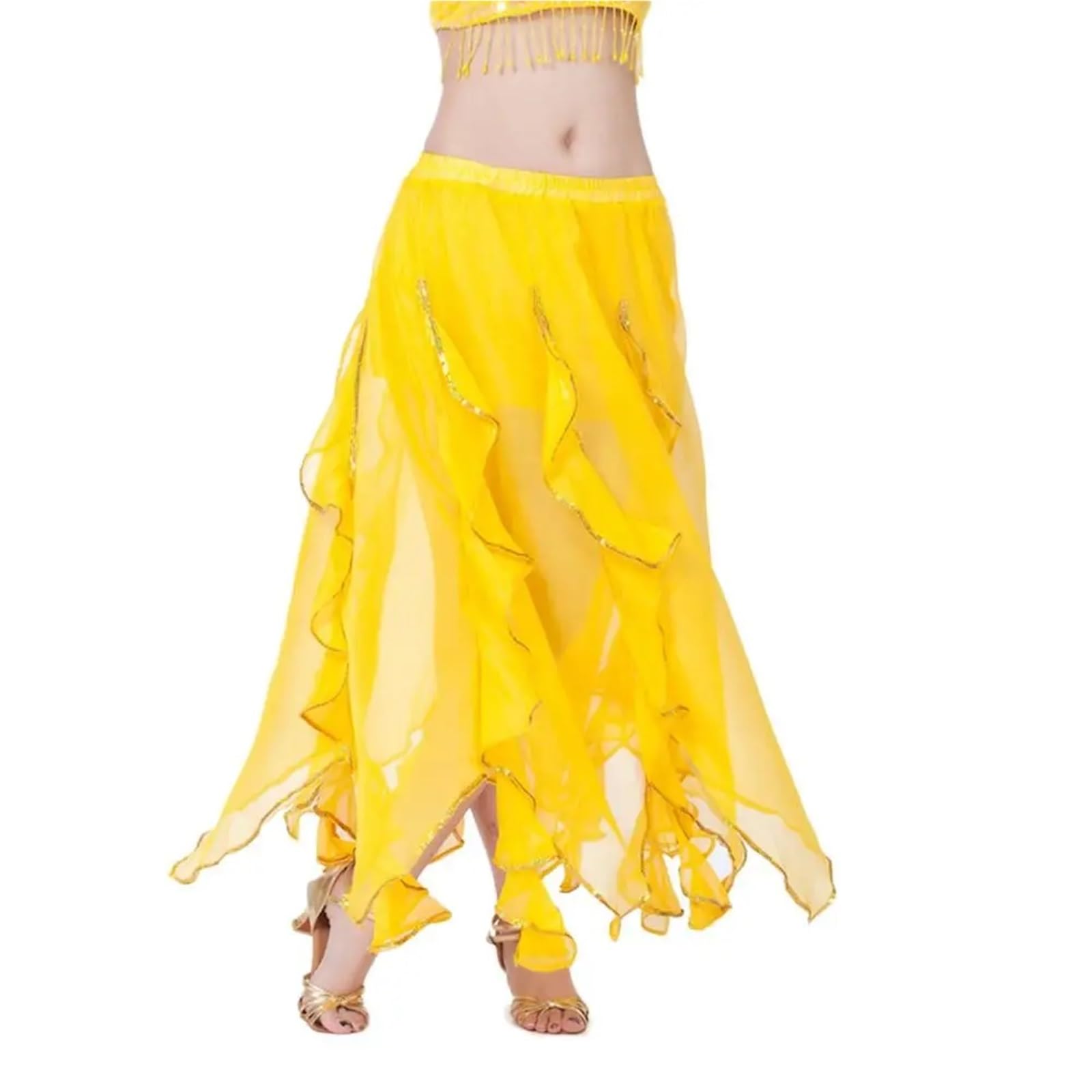 TRRYUIP Belly Dance Skirt Sparkling Belly Women Chiffon Shiny Tassels Long Dancing Skirt Show Costumes(Yellow)