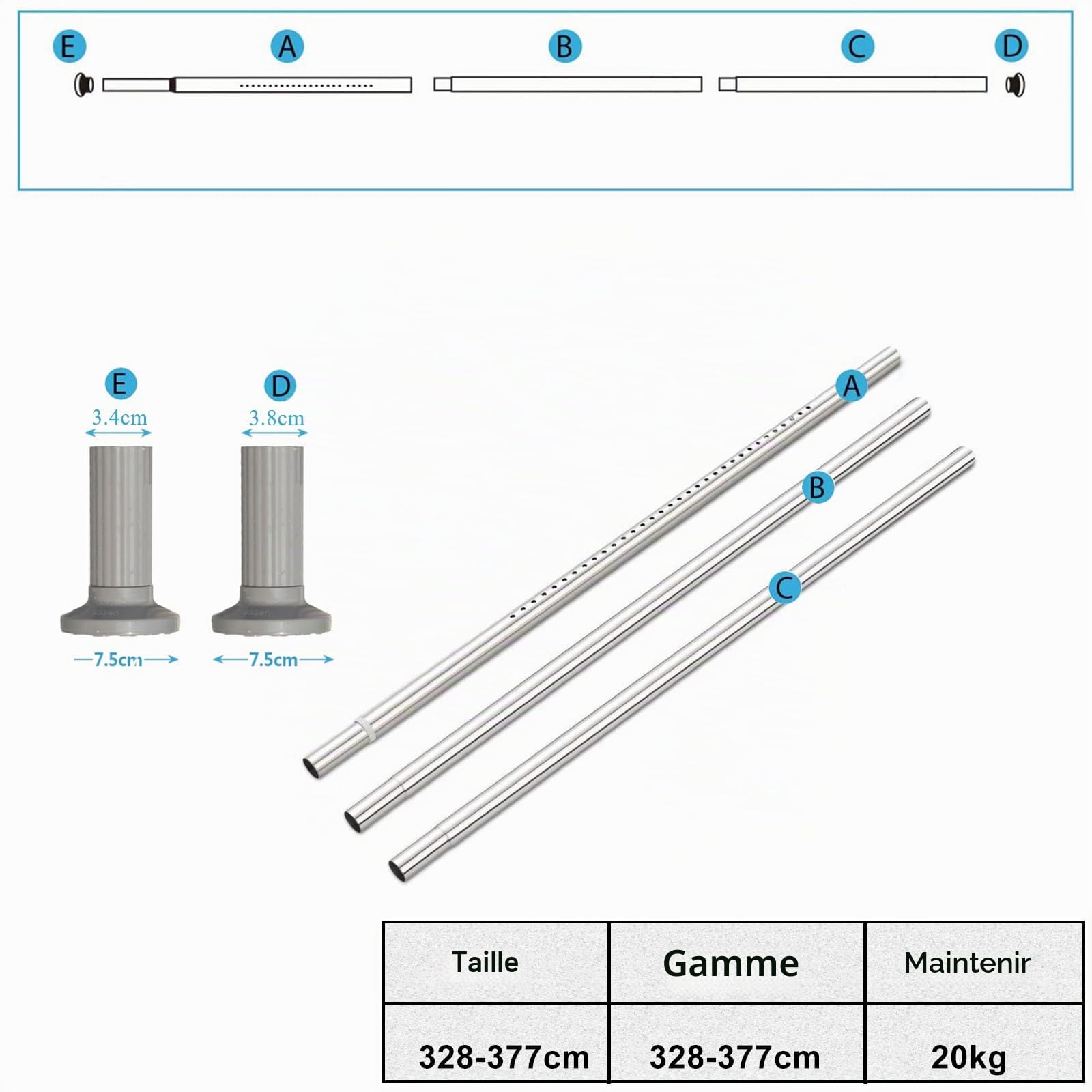 328-377cm Extensible Tringle à Rideau, Tige en acier inoxydable, Diamètre 32mm, Montage Sans Vis ni Perçage (Gris,328-377cm)