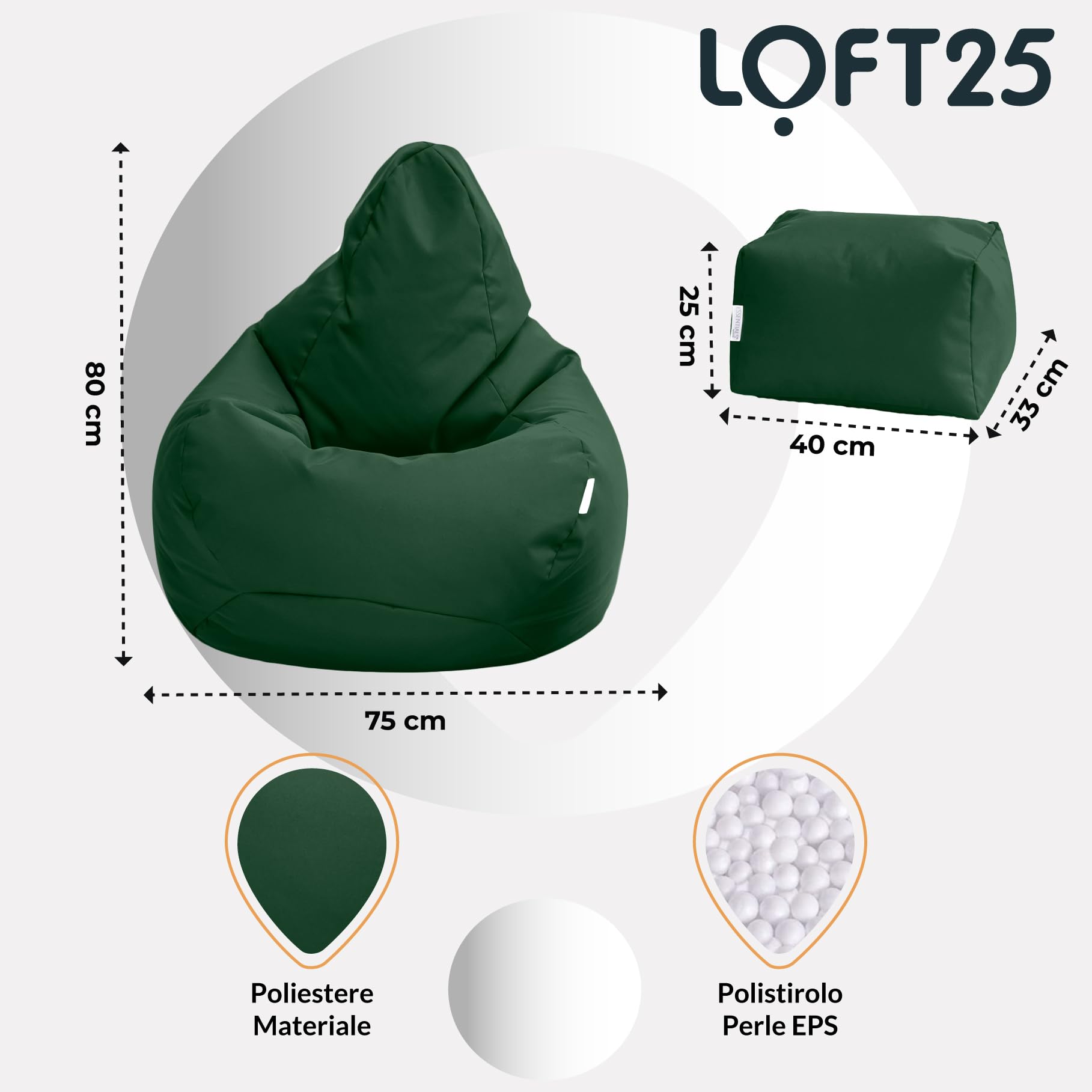 Loft 25 Sedia Gaming Bean Bag per Adulti | Seduta A Sacco per Esterni e Interni | Resistente all'Acqua Pouf | Puff Poltrona Sacco con Schienale (Bean Bag + Poggiapiedi, Verde)