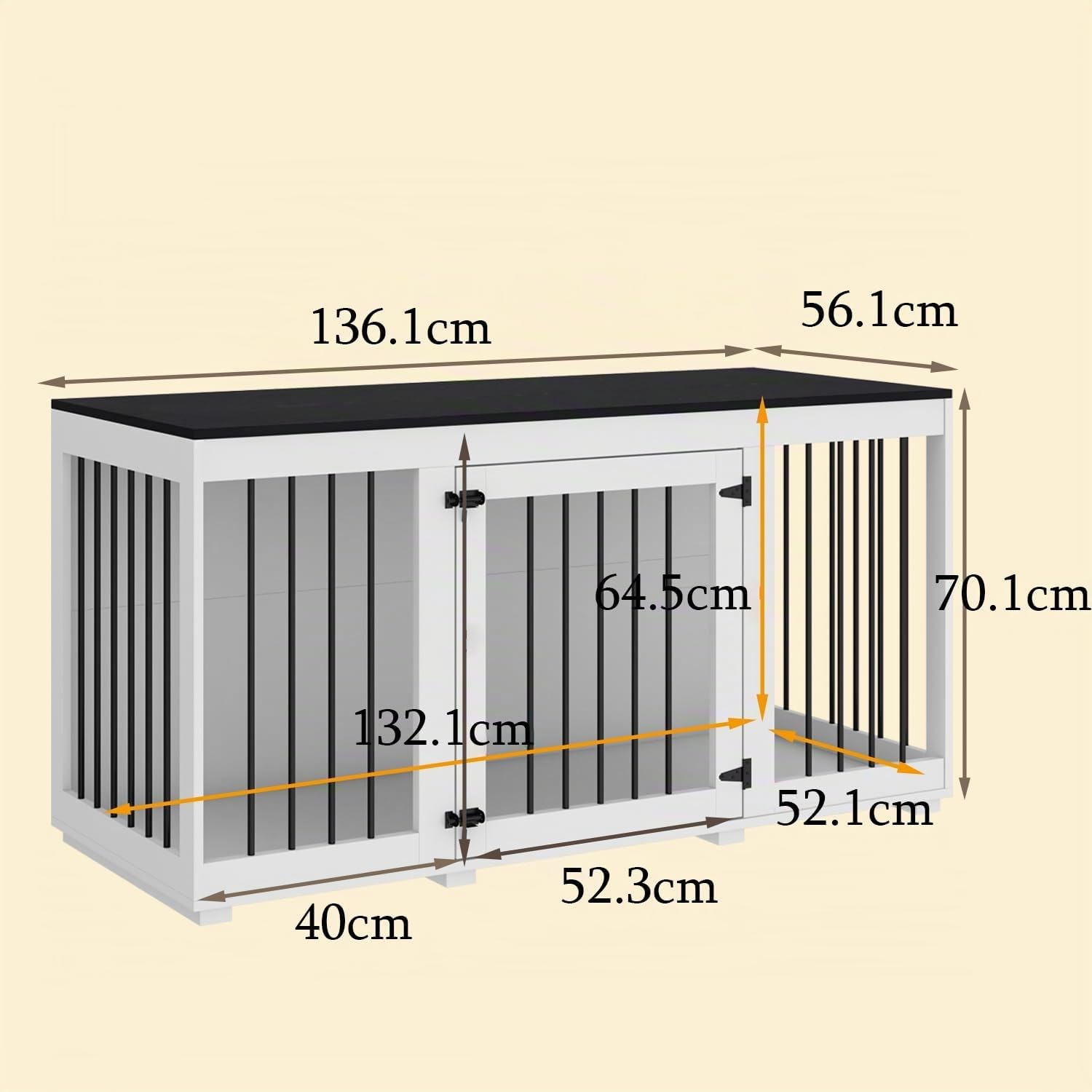 Cage pour Chien d'Intérieur - Niche avec Porte et Coussin - Pour Grands, Moyens et Petits Chiens - MDF + Fer - 136 x 70 x 56 cm - Blanc