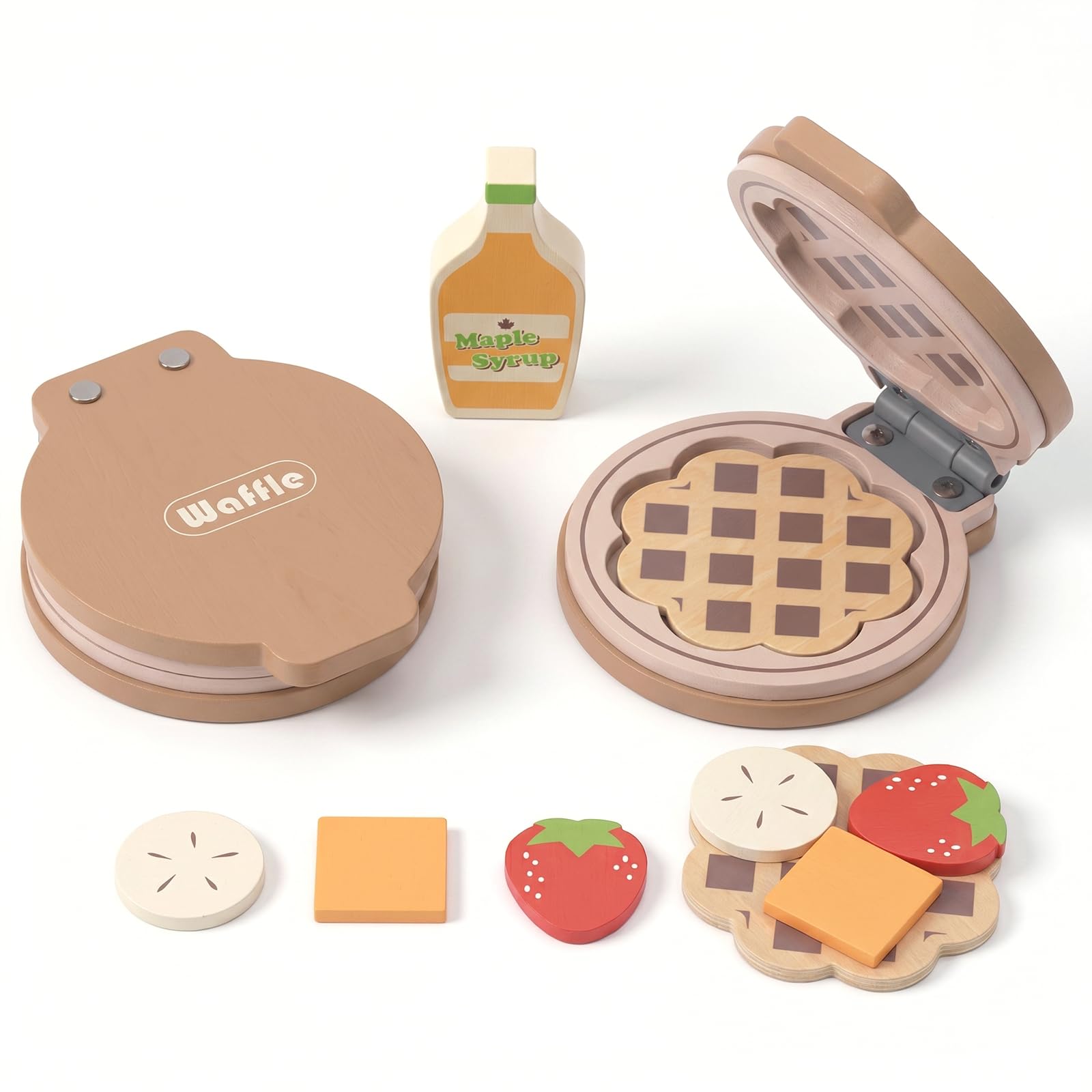 WOODENFUN Wooden Waffle Maker Set, Kitchen Role Play Educational Toy Accessories Gift Kids 3+