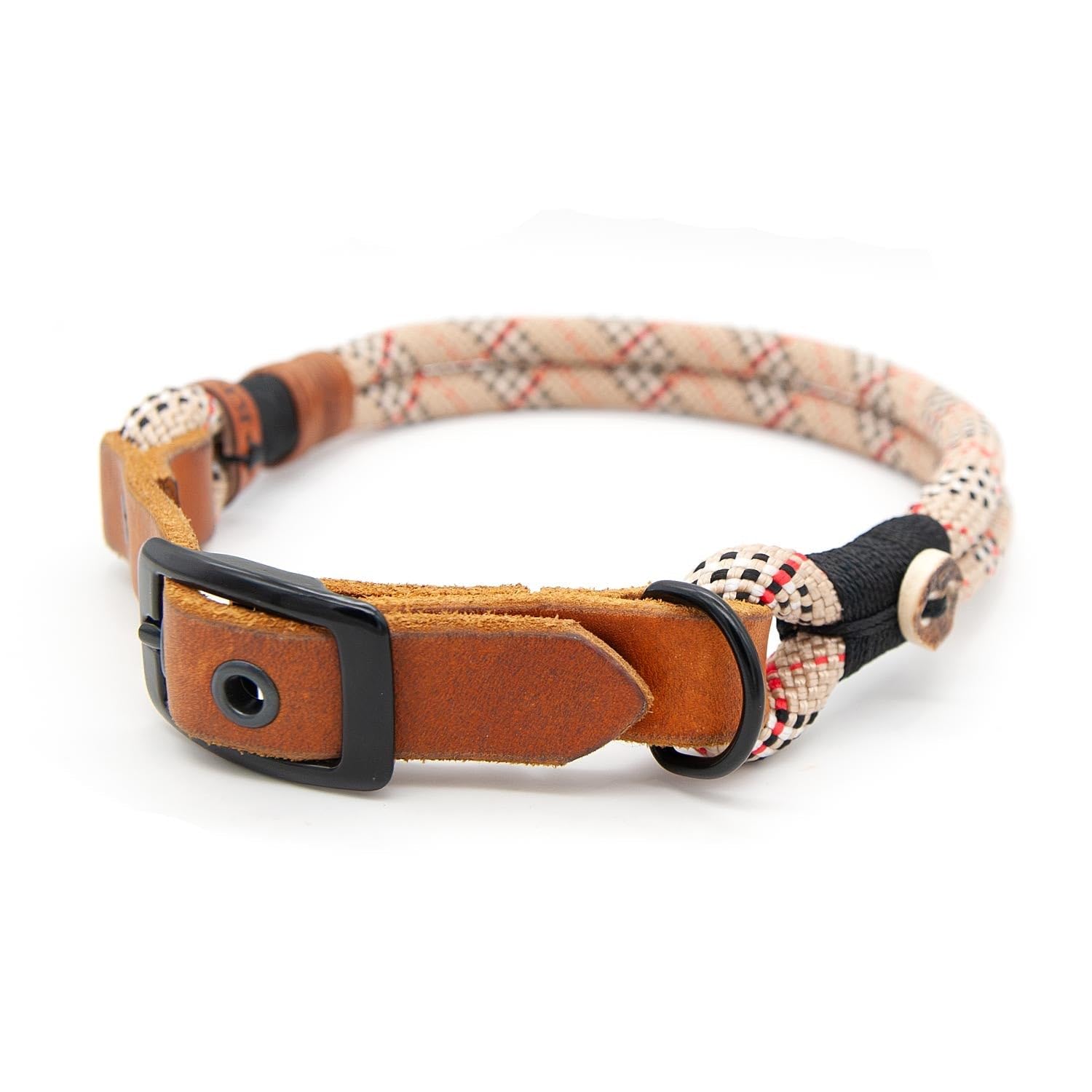 Hundehalsband aus Tau & edlem Leder | Highland Houndstooth | verstellbar & robust | Elegantes, handgefertigtes Design | Halsband Hund für mittelgroße & große Hunde mit Schnalle – beige